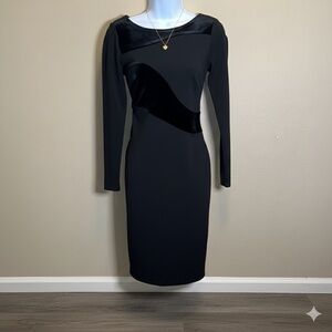 Calvin Klein Black Velvet Trim Long Sleeve Sheath Dress Cocktail Boat Neck SZ 2